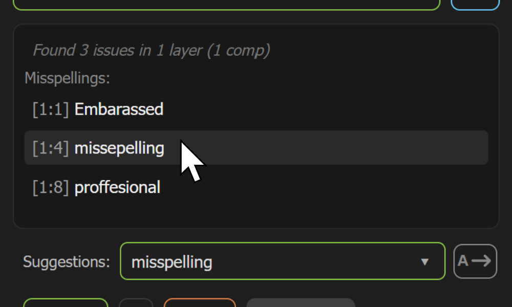 AE Spell Checker misspellings list with one issue selected for review.