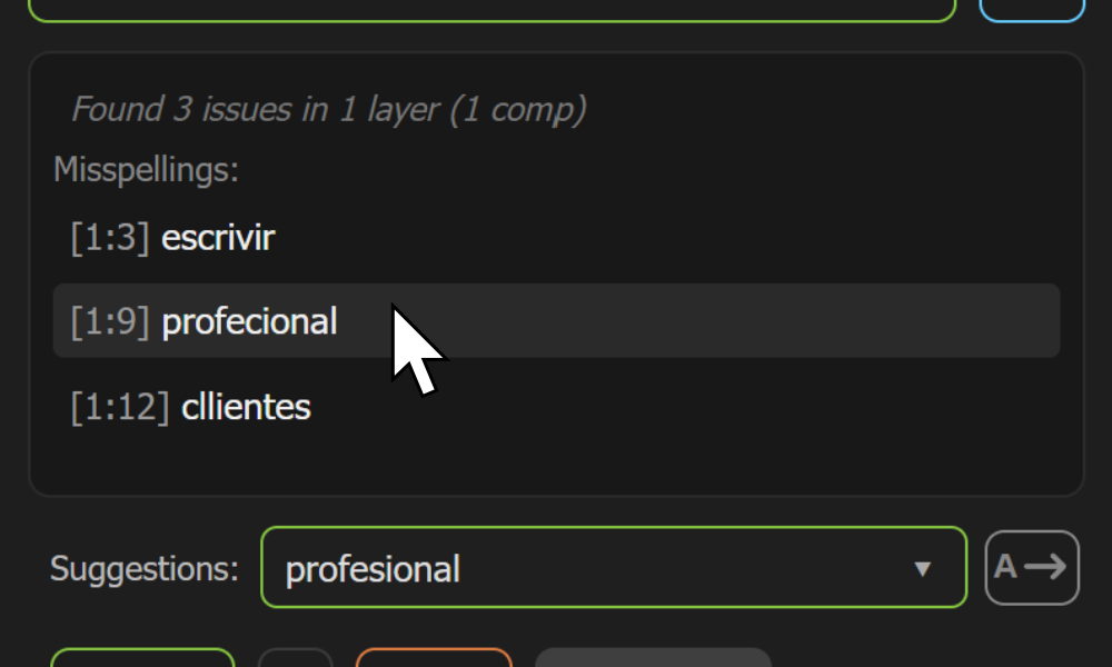Lista de errores ortográficos de AE Spell Checker con un resultado seleccionado.
