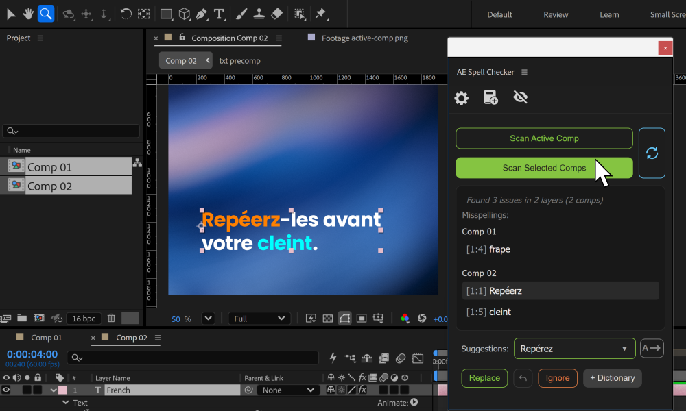 AE Spell Checker analysant les compositions sélectionnées, avec les résultats regroupés et plusieurs compositions sélectionnées dans le panneau Projet.