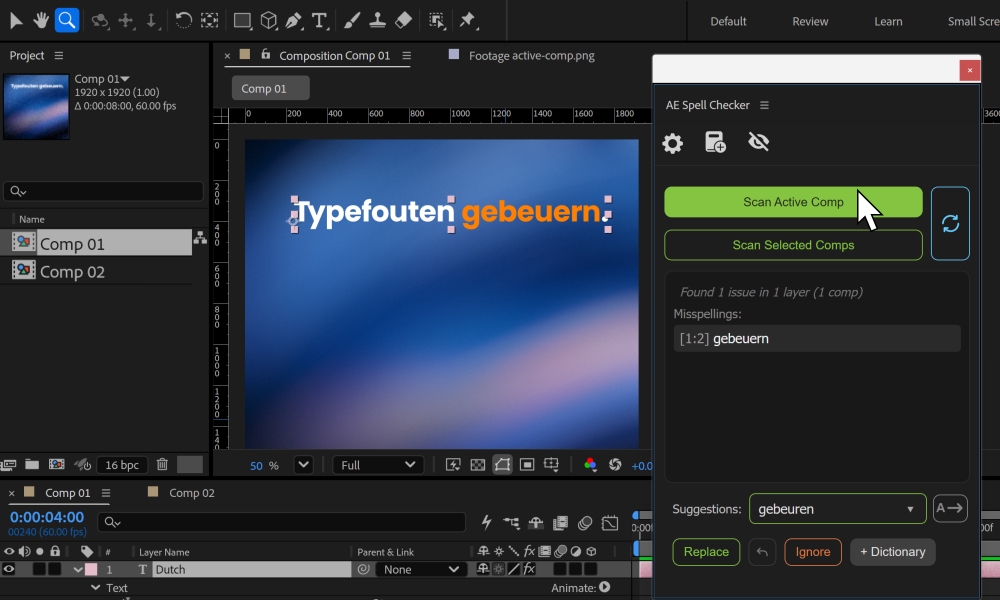 AE Spell Checker scant de actieve compositie, met de spelfouten in het paneel en de compositie zichtbaar in After Effects.