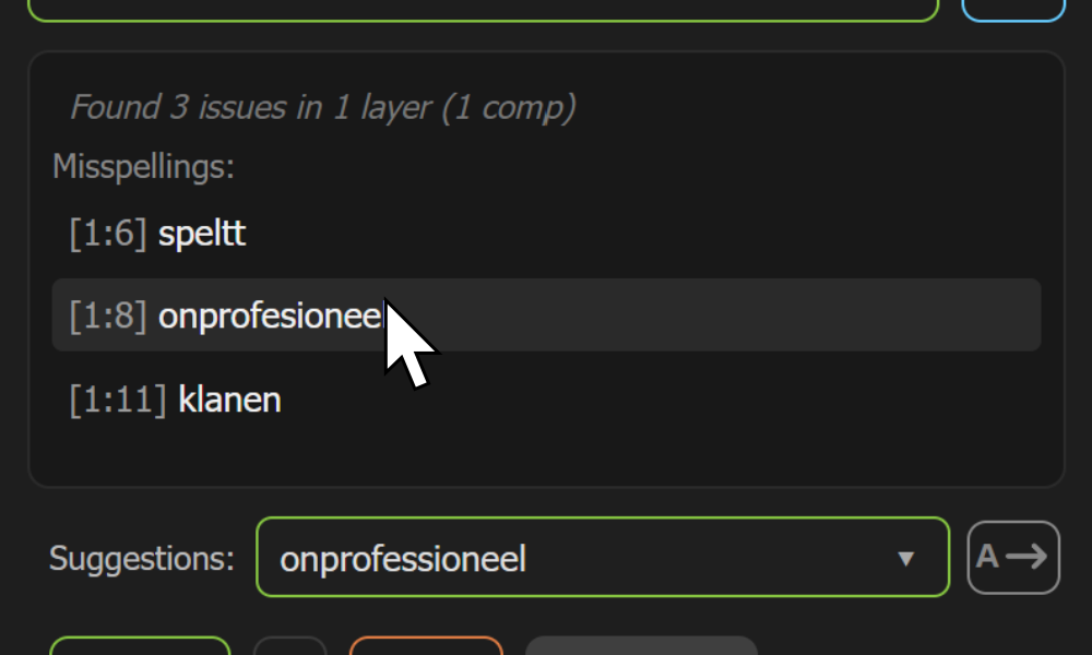 Lijst met spelfouten in AE Spell Checker met één geselecteerd resultaat.