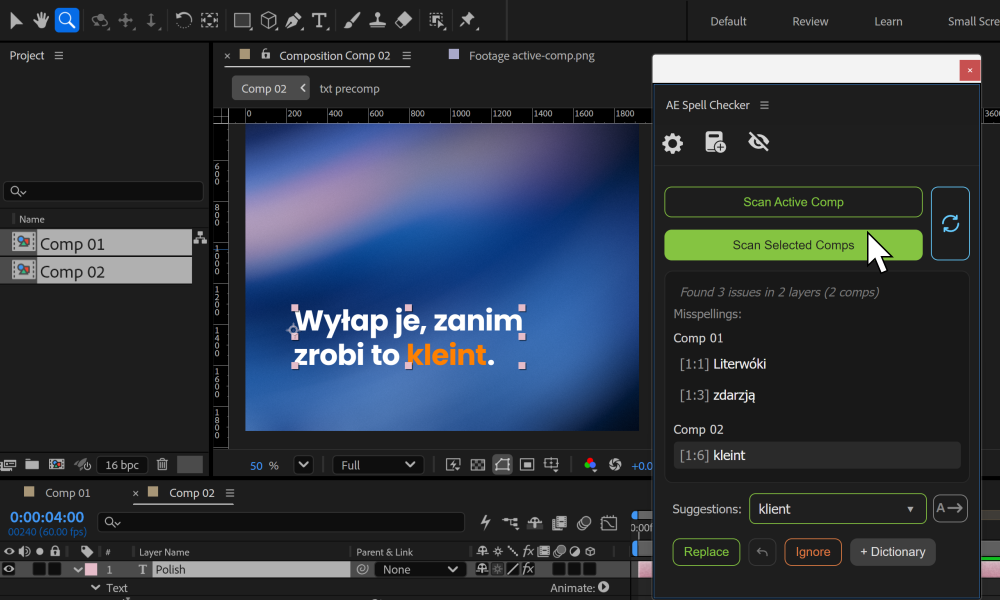 AE Spell Checker skanuje wybrane kompozycje: wyniki są pogrupowane, a kilka kompozycji jest zaznaczonych w panelu projektu.
