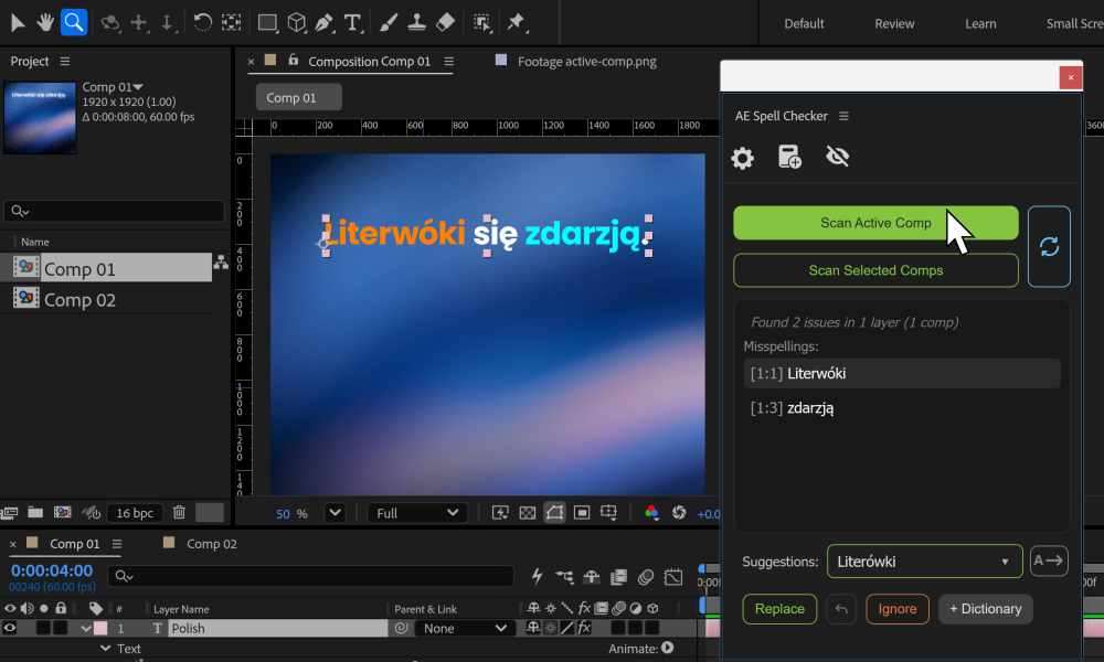 AE Spell Checker skanuje aktywną kompozycję: błędy są widoczne w panelu, a kompozycja w After Effects.