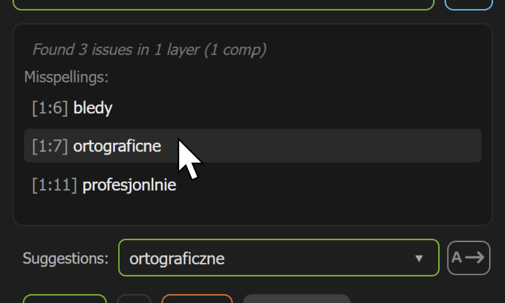 Lista błędów pisowni w AE Spell Checker z wybranym wynikiem.