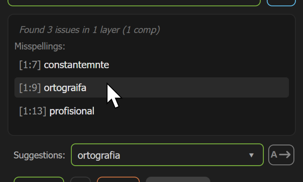 Lista de erros ortográficos do AE Spell Checker com um resultado selecionado.