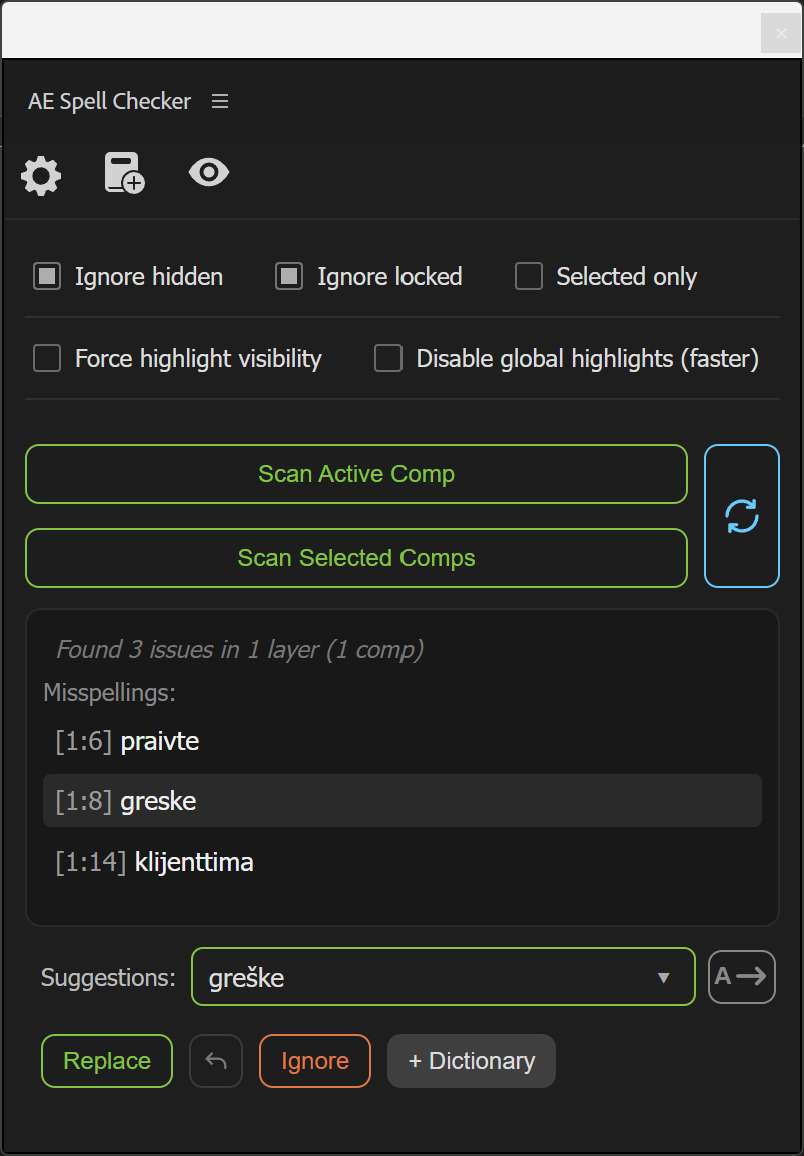 Panel AE Spell Checker sa pet pravopisnih grešaka i izabranim predlogom za ispravku.