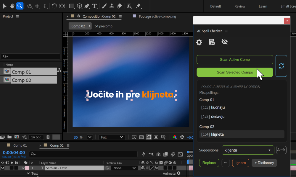AE Spell Checker proverava izabrane kompozicije: rezultati su grupisani, a više kompozicija je izabrano u panelu projekta.